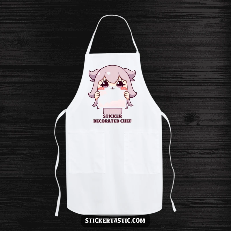 Funny Grinning Character Apron: A cute character with a surprised grin holds up a sticker, adding funny charm to kitchen wear.