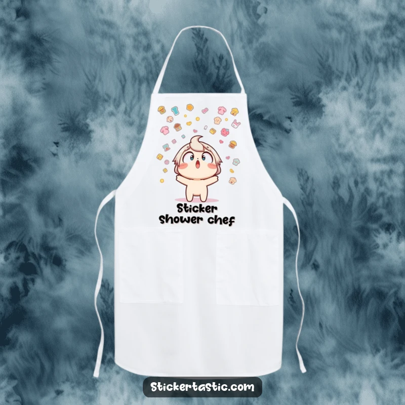 Funny apron design showing a character surprised by a shower of stickers, perfect for adding humor to cooking and kitchen tasks.