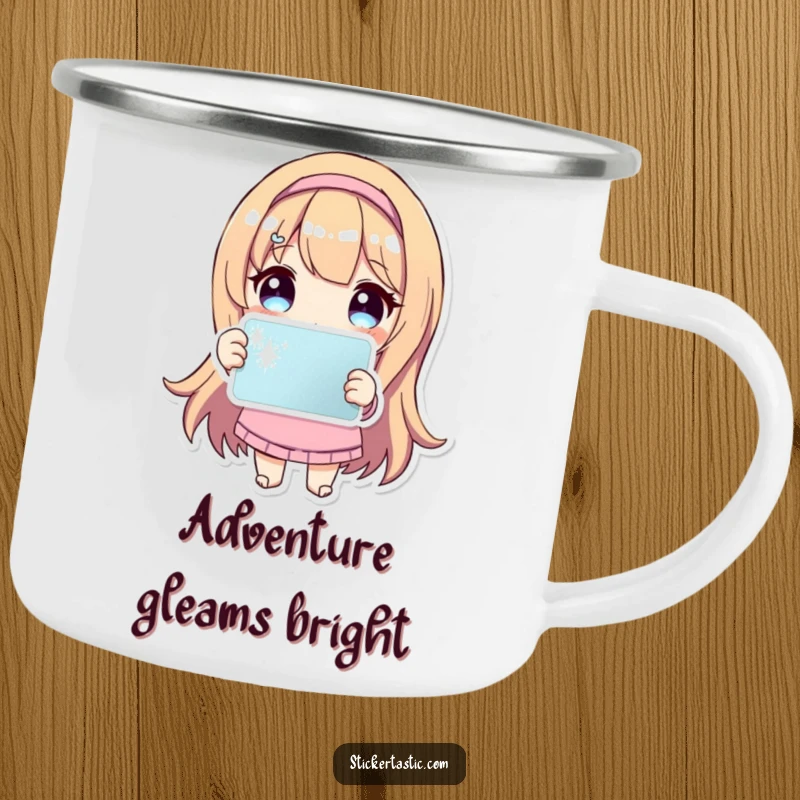 Funny Camping Mug: Durable mug with a sparkling sticker and cute character, perfect for outdoor enthusiasts.