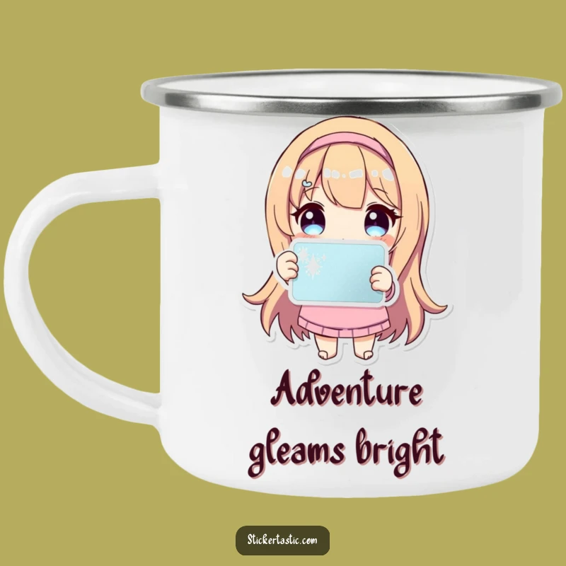 Funny Sparkle Sticker Camping Mug: Adventure Fuel with Cute Character Sparkle