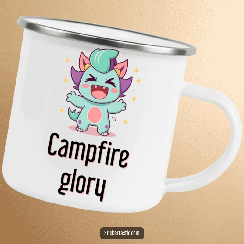Funny Camping Mug featuring a triumphant roar from a character, surrounded by festive sparkles, perfect for outdoor celebrations.