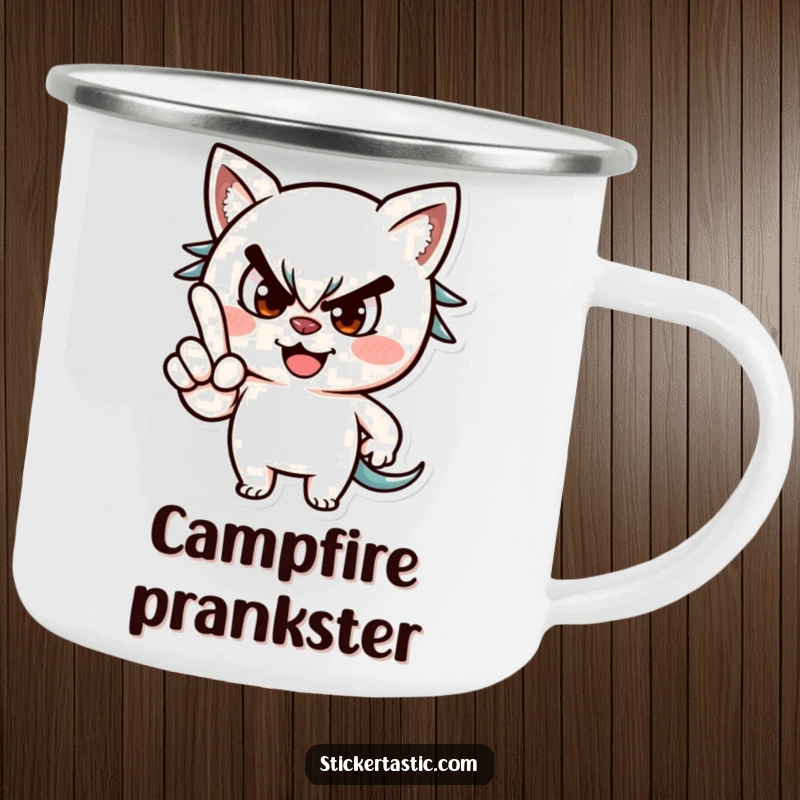 Funny camping mug showing a mischievous character with a playful wink and a pointed finger, ready for adventure.