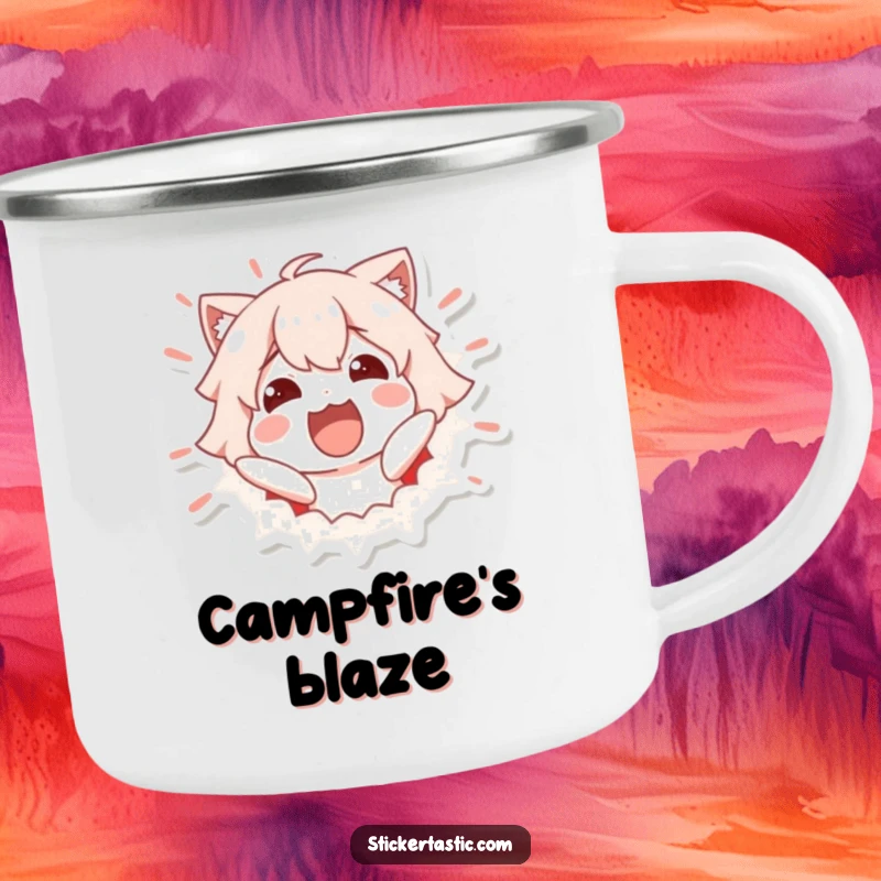 Funny Camping Mug: Excited character bursting out of a sticker, ready for adventure. Perfect funny gift.