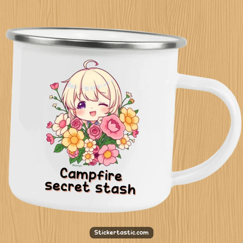 Funny character playfully peeking from behind a sticker bouquet on a sturdy camping mug, ideal for curious outdoor enjoyment, a perfect gift.