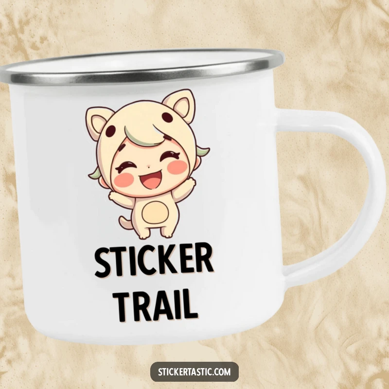 Funny durable camping mug with a cheerful character grinning while sticking a large sticker, for outdoor fun.