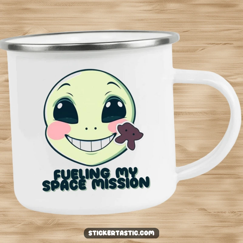 Funny grinning alien face with a sticker on its cheek camping mug, a mischievous alien with a grin and a sticker, perfect for humorous outdoor drinks.