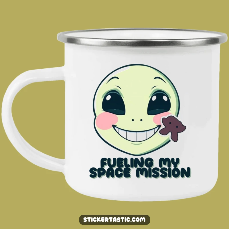 Funny Alien Sticker Camping Mug: Grinning Face Outdoor Fun - Hilarious Space Cup!