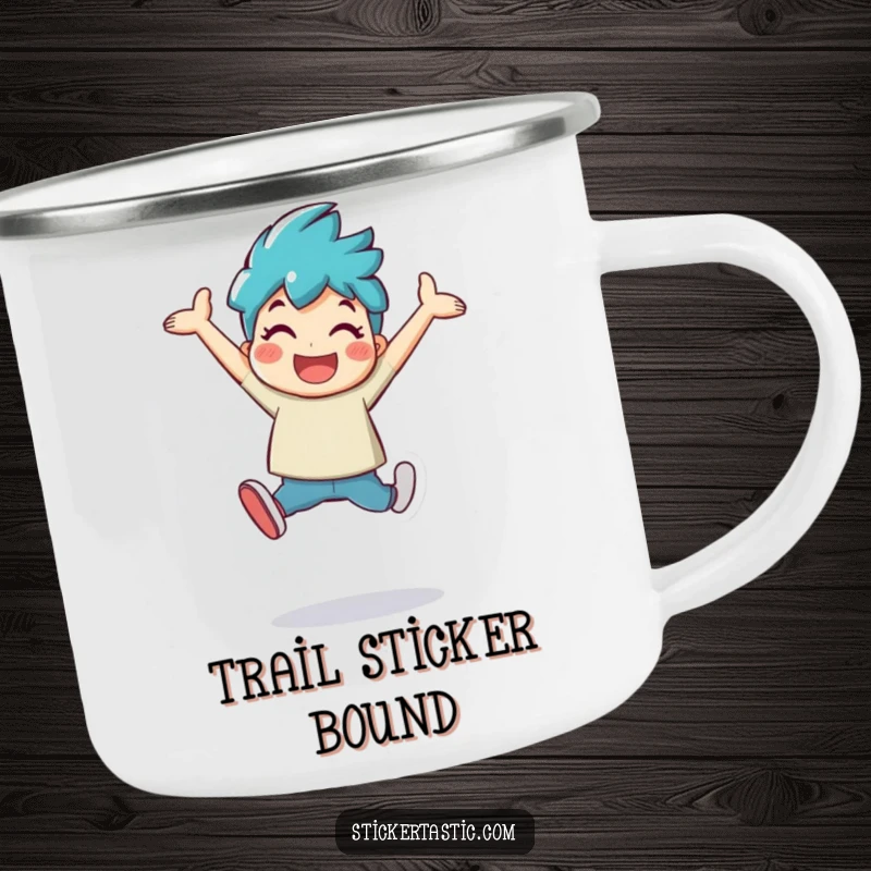 Funny character leaping with a large, shiny sticker on a durable camping mug, ready for outdoor fun.