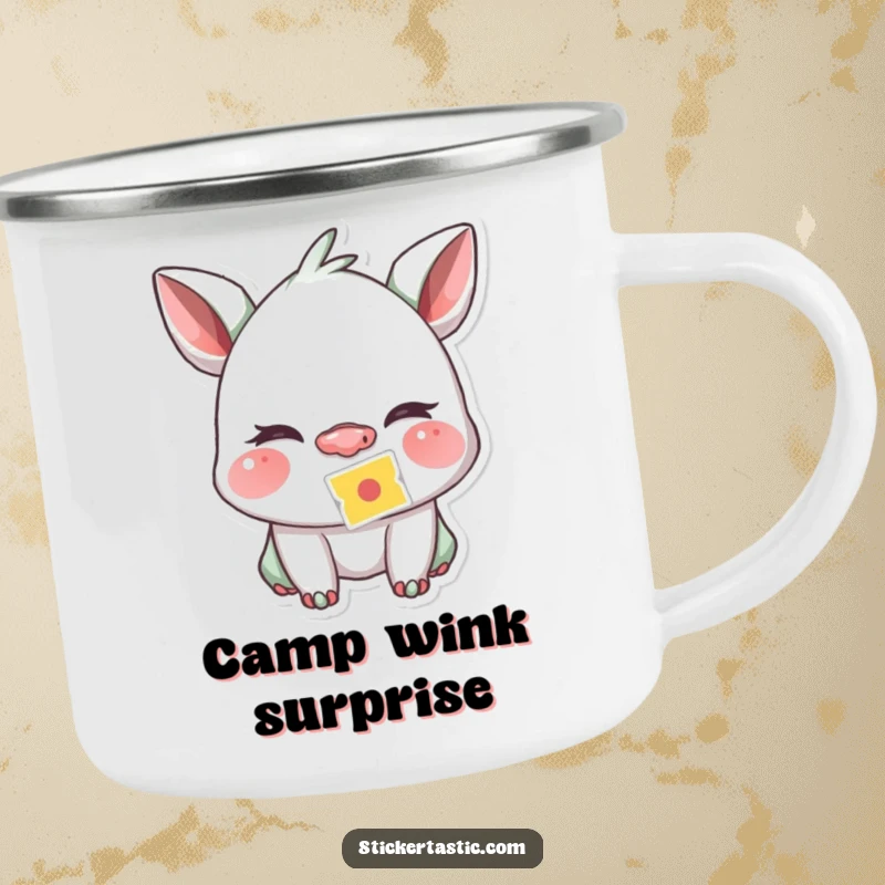 Funny creature winking playfully with a sticker stuck to its nose on a durable camping mug, ready for park fun.
