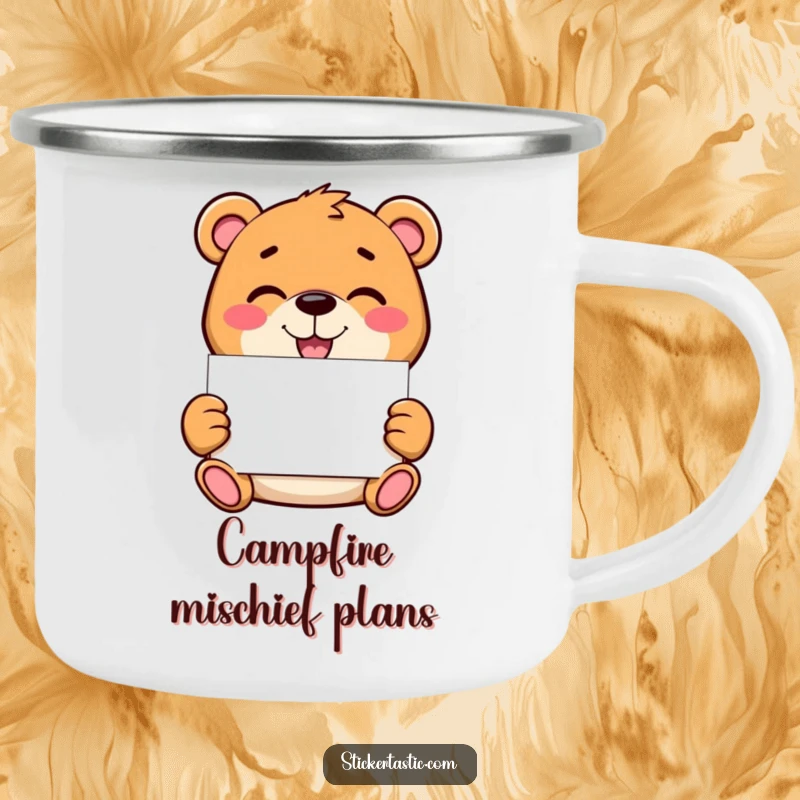 Funny bear camping mug with a mischievous character holding a blank sticker, perfect for sipping beverages around the campfire and adding personal flair.