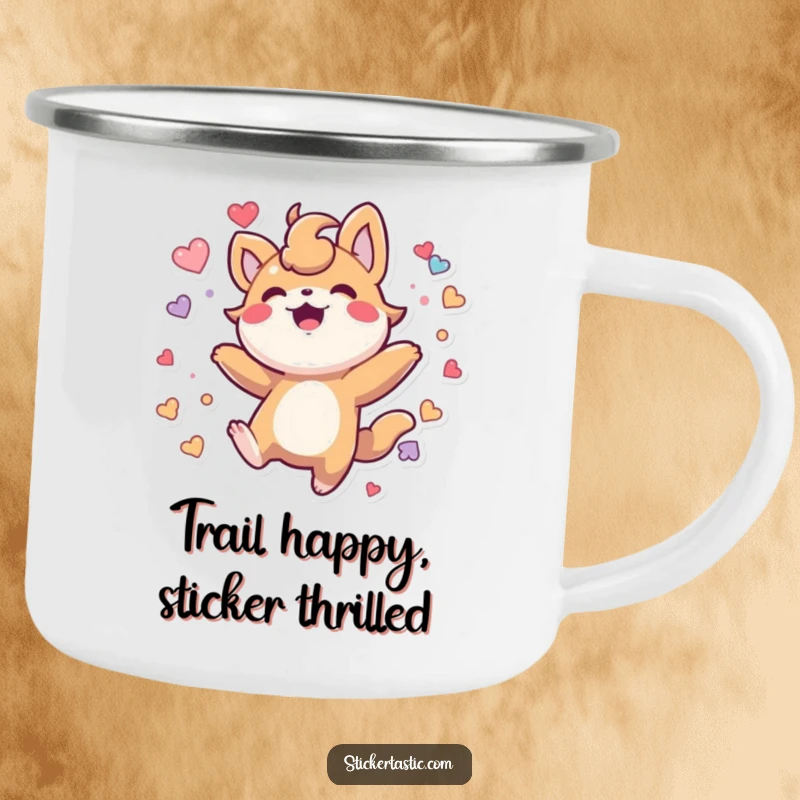 Funny Camping Mug: Rugged mug featuring a bouncing creature surrounded by stickers, perfect for outdoor lovers.