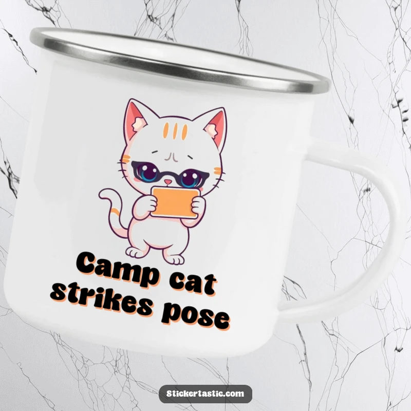 Funny cat camping mug with a cool cat striking a pose next to a sticker. Ideal for outdoor adventures and hot beverages.