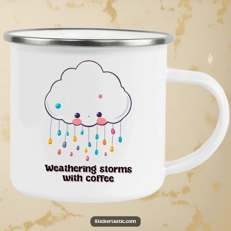 Funny cute cloud character raining colorful stickers camping mug, a happy cloud showering stickers, perfect for humorous outdoor beverage enjoyment.