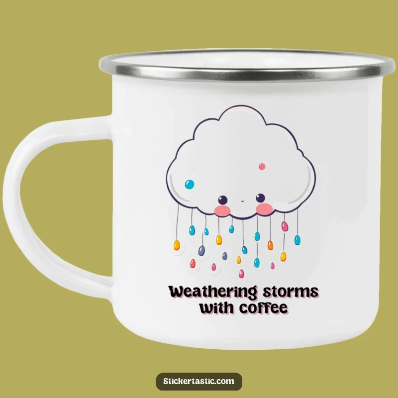 Funny Cloud Sticker Camping Mug: Cute Character Raining Fun - Hilarious Outdoor Cup