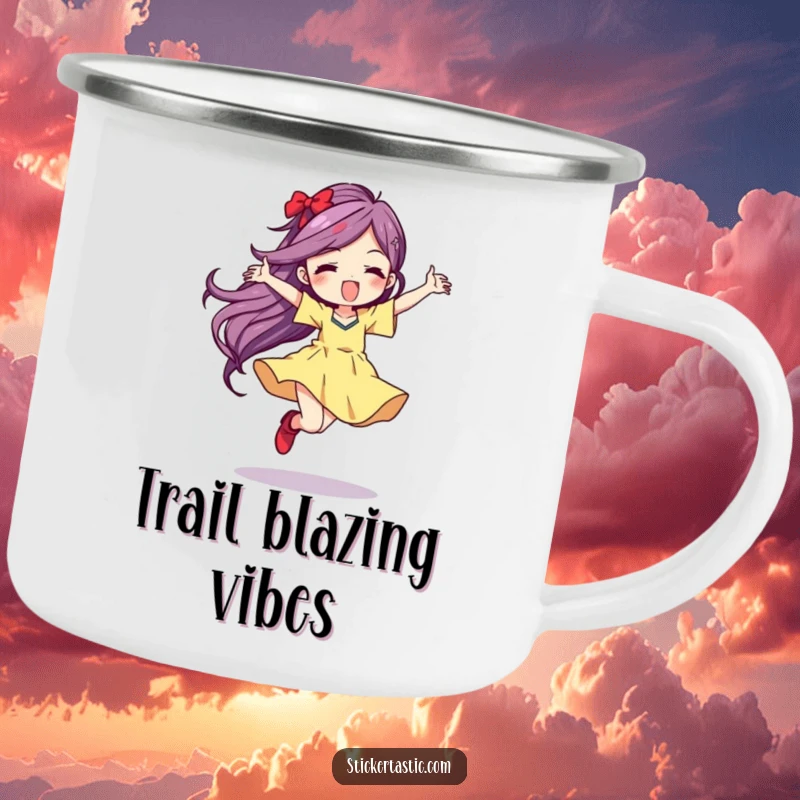 Funny Camping Mug featuring a character dancing wildly, leaving a vibrant color streak, perfect for outdoor enthusiasts and art lovers.