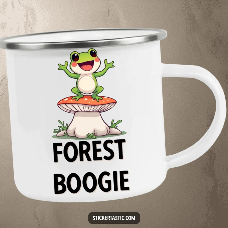 Funny frog character dancing on a mushroom, depicted on a rugged enamel camping mug for humorous outdoor enjoyment.