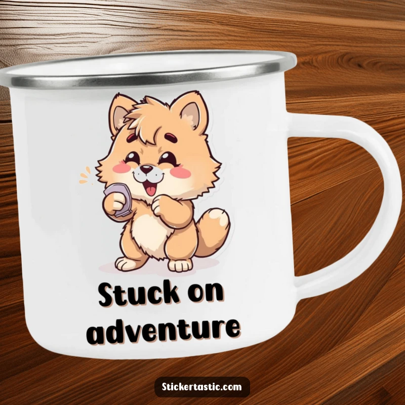 Funny furry character enthusiastically slapping a sticker onto a surface on a durable camping mug, ready for adventure.