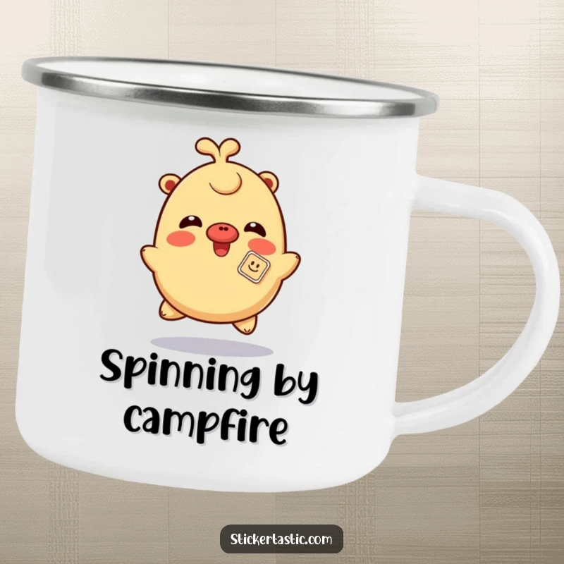 Funny giggling camping mug with a character spinning playfully with a sticker on its nose, ideal for cheerful outdoor humor.