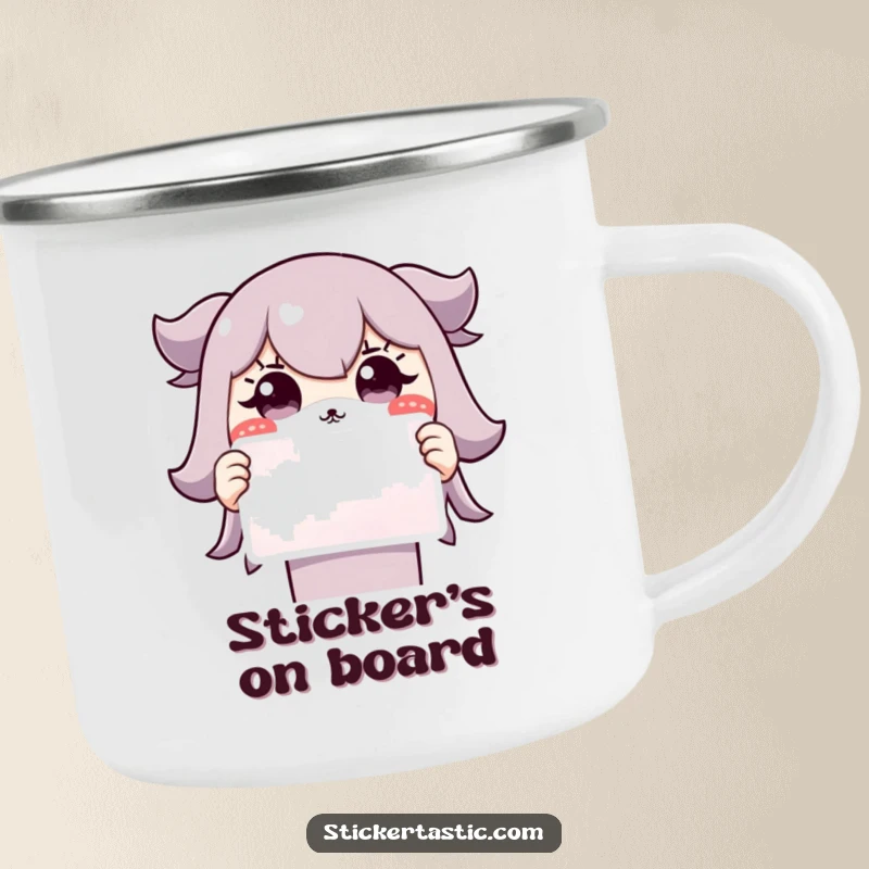 Funny Grinning Character Camping Mug: A cute character with a surprised grin holds a sticker, ideal for enjoying drinks outdoors.