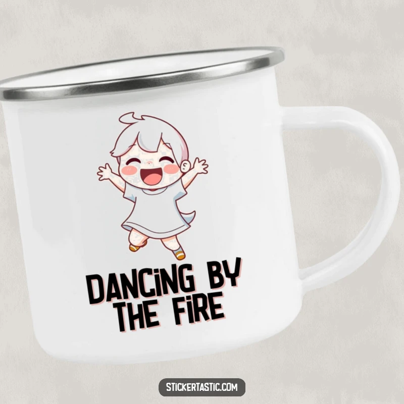 Funny joyful dancer camping mug with an energetic dance move for outdoor fun.