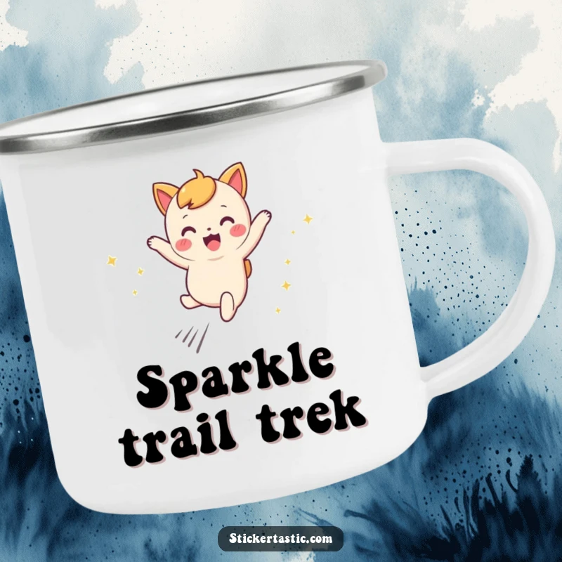 Funny leaping character camping mug with a cute character joyfully leaping, surrounded by enchanting sparkly trails.