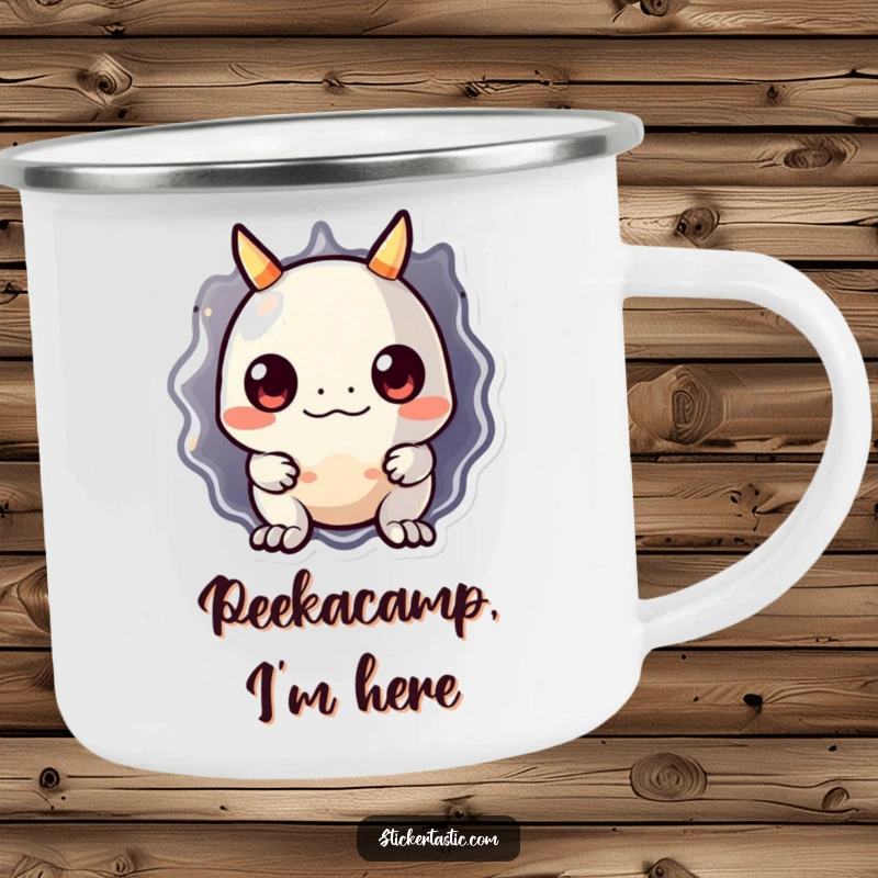 Funny monster camping mug with a cute, shy monster peeking behind a giant, shiny sticker. Ideal for outdoor adventures and hot beverages.