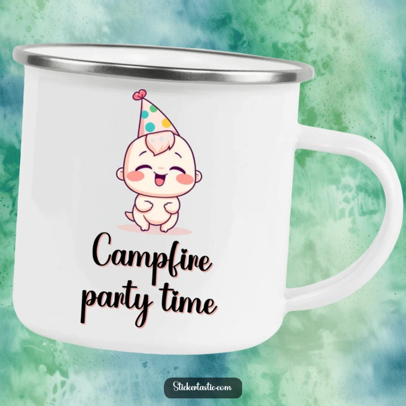 Funny gingerbread cookie camping mug featuring a large, silly, goofy smile for outdoor adventures.