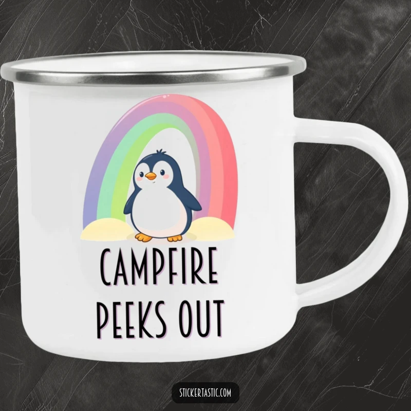 Funny Penguin Camping Mug: A sturdy mug with a curious penguin peeking from behind a rainbow, for your next whimsical outdoor adventure.