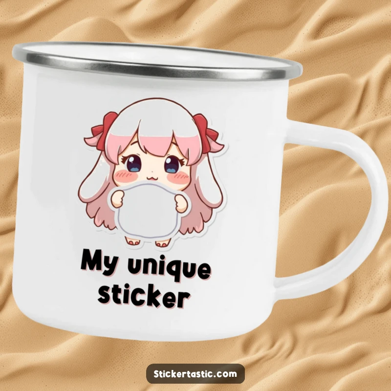 Funny camping mug showing a character proudly holding a special sticker, perfect for outdoor lovers with a collector's heart.