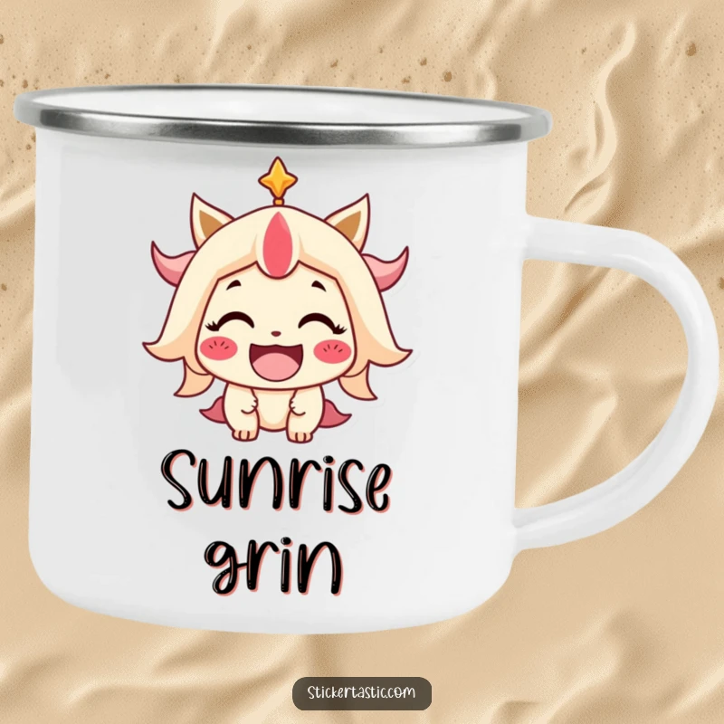 Funny Camping Mug featuring a stylized character with a beaming smile, ready for outdoor adventures and cheerful sips.