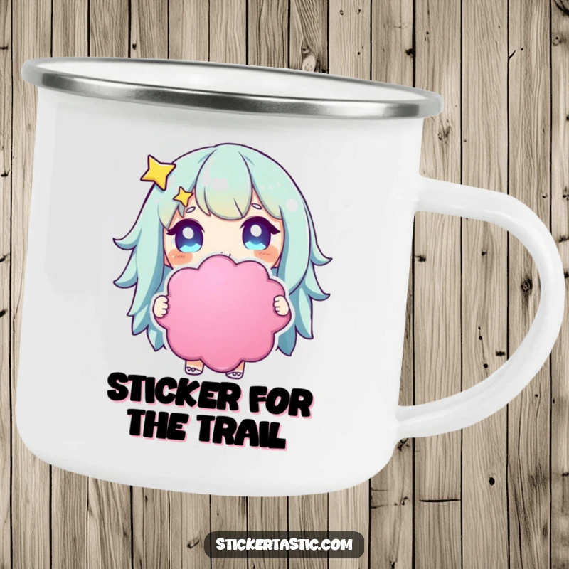 Funny starry-eyed character camping mug with a character holding a giant, colorful sticker, ready for adventure.