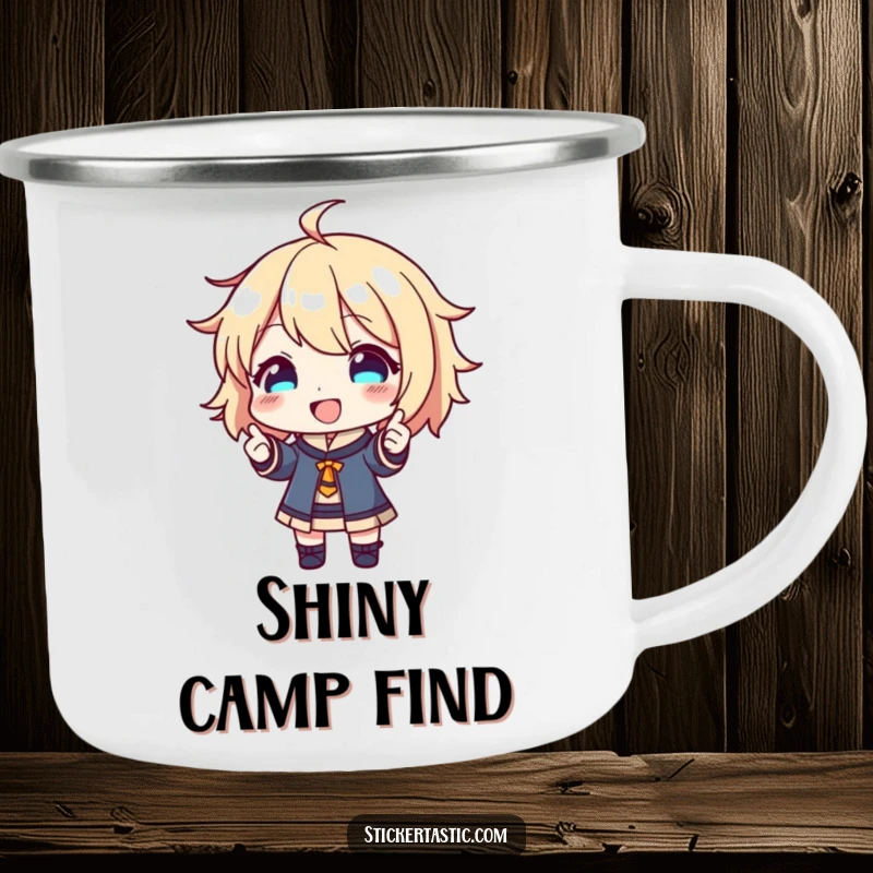 Funny Camping Mug: Happy character proudly showing off a shiny new sticker, ready for adventure. Perfect funny gift.