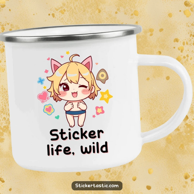 Funny Camping Mug: Mischievous character winks while juggling colorful stickers, ideal for outdoor adventures and laughs.