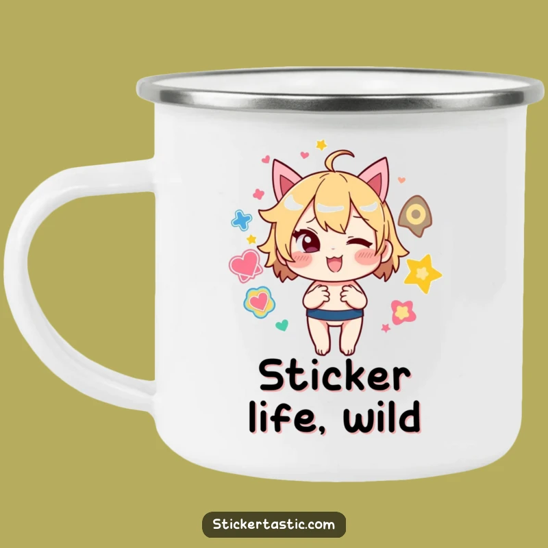Funny Sticker Juggler Camping Mug: Adventure with Mischief, Winking Character, Ideal Funny Gift