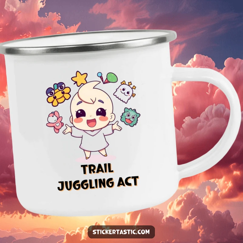 Funny cheerful character juggling vibrant stickers on a camping mug, ideal for spirited outdoor enjoyment and fun.