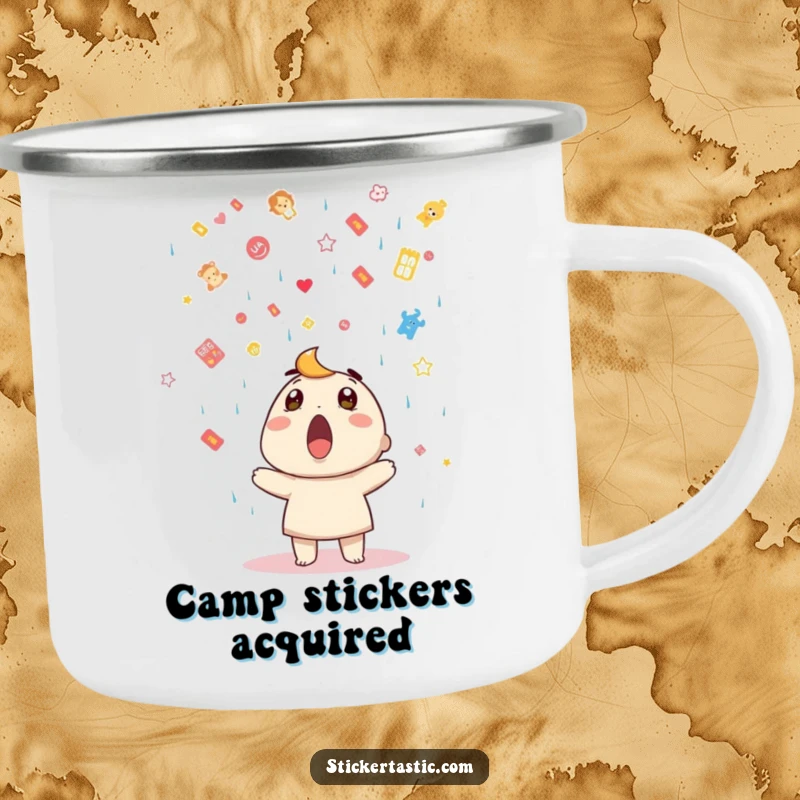 Funny camping mug featuring a surprised character under a sticker shower, ideal for outdoor drinks with surprise flair.