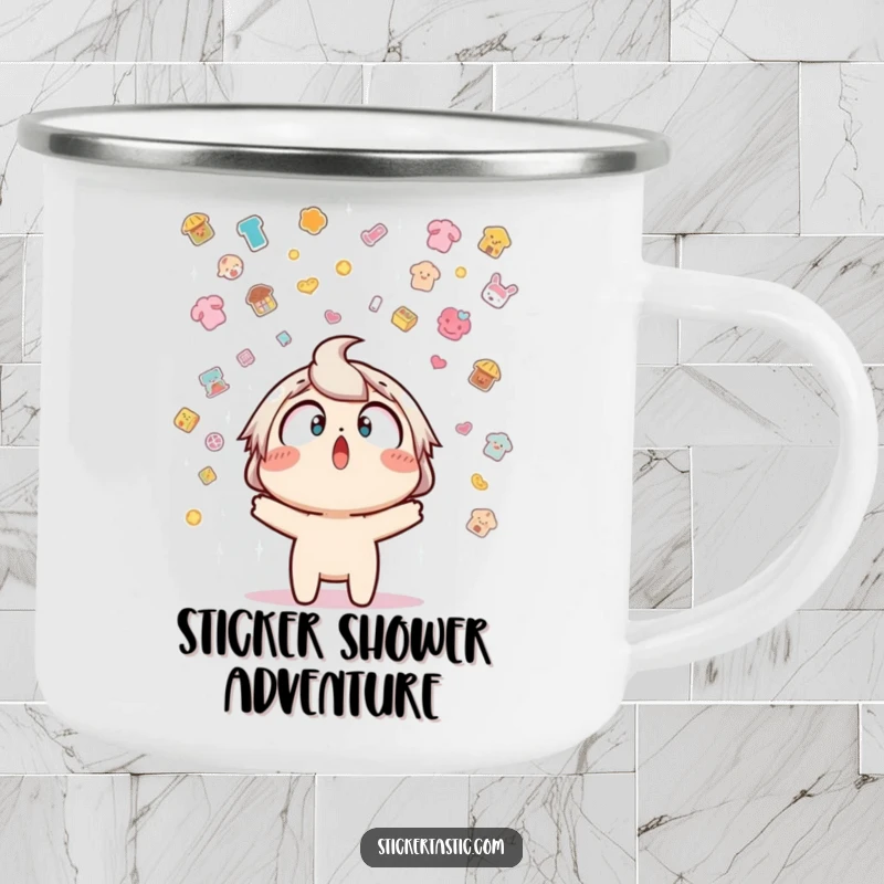 Funny camping mug depicting a character surprised by a sticker shower, ideal for outdoor enthusiasts who love humor.