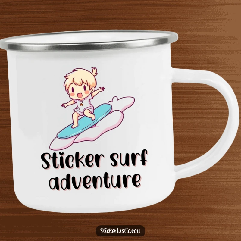 Funny Camping Mug: Happy character surfs a giant floating sticker, perfect for enjoying drinks during outdoor adventures.