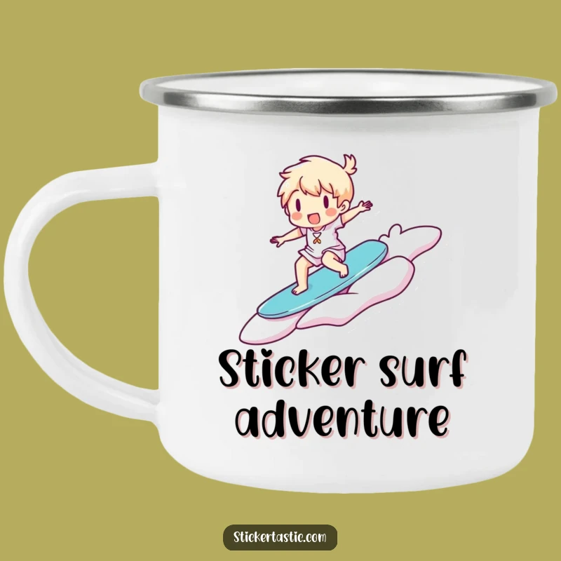 Funny Surfer Sticker Camping Mug: Campfire Waves, Happy Character, Ideal Funny Gift