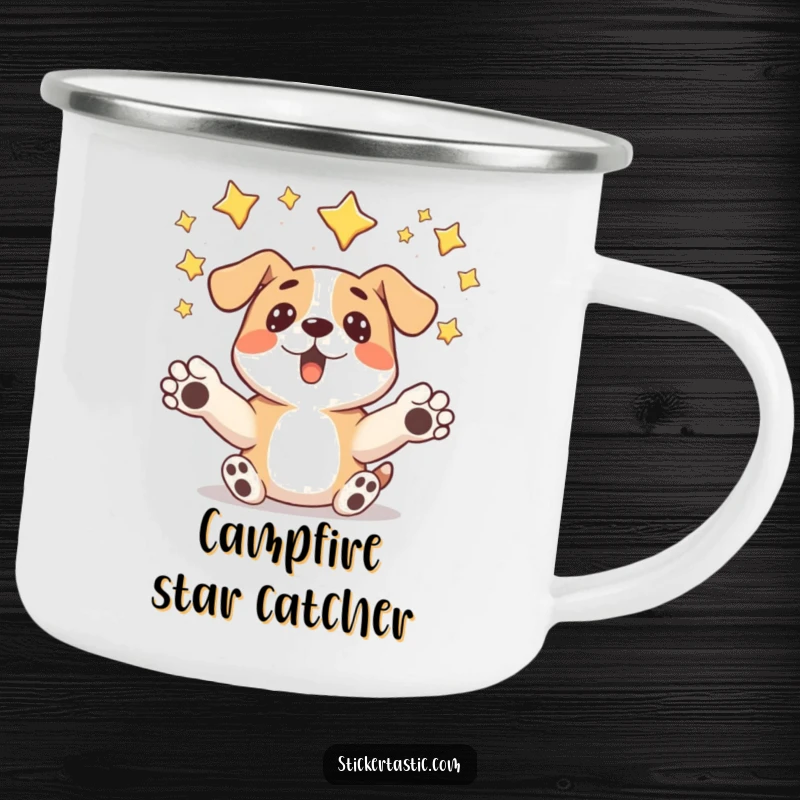 Funny surprised dog camping mug depicting a dog humorously catching falling stars, perfect for outdoor adventures and starry nights.