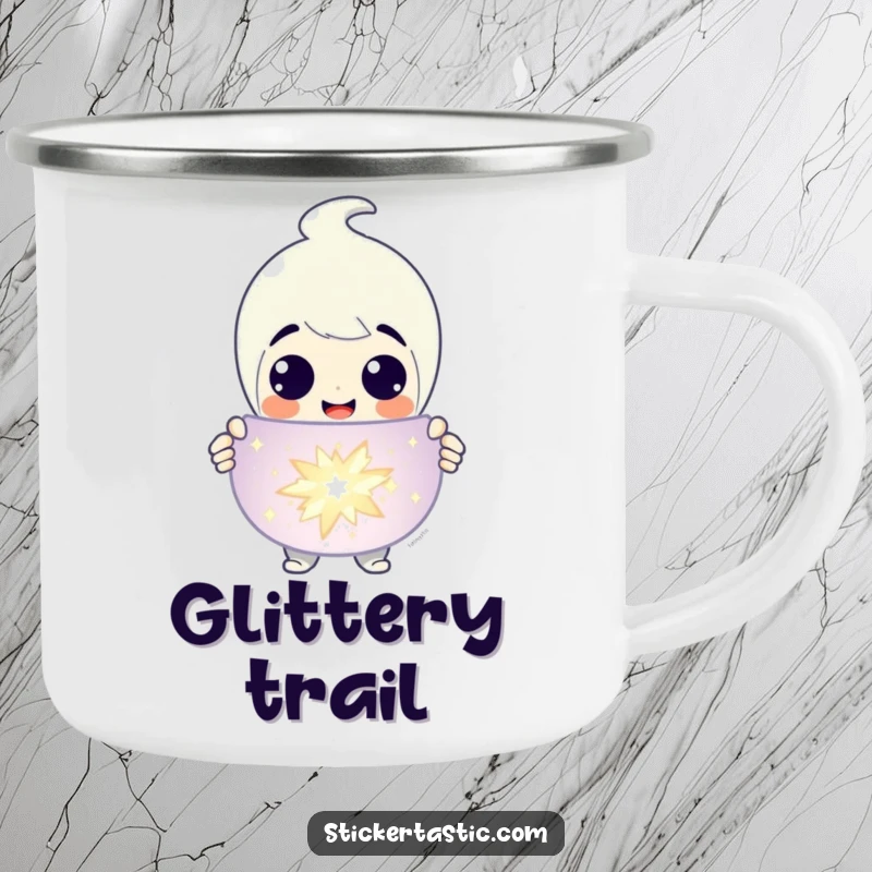 Funny Camping Mug: Character grinning while presenting a large, sparkling sticker, ideal for outdoor collecting. A unique funny gift.