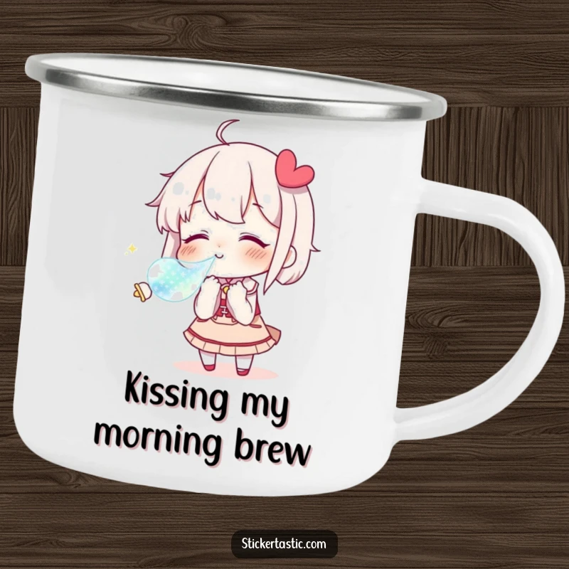 Funny Camping Mug featuring a character blowing a kiss towards a shimmering sticker, durable for outdoor affection.