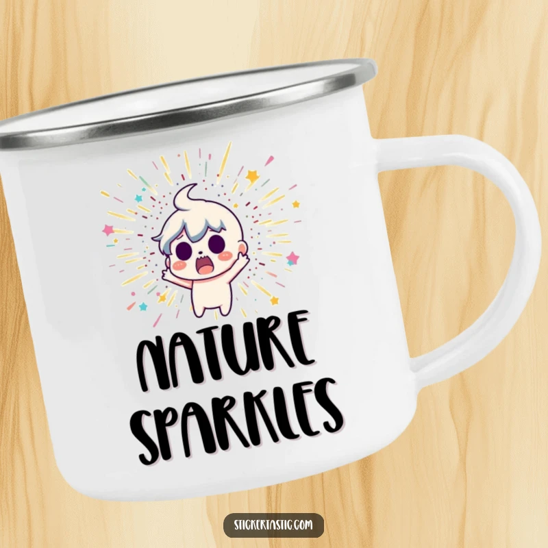Funny camping mug featuring a surprised cartoon character recoiling from a glitter bomb explosion, perfect for outdoor surprises.