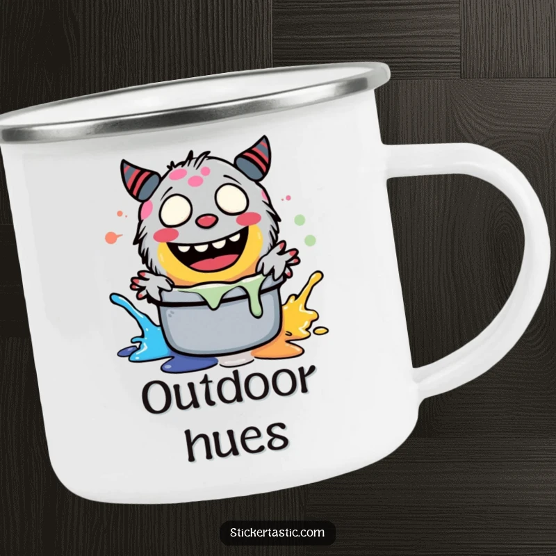 Funny giggling monster splashing paint in a pot, on a rugged enamel camping mug for humorous outdoor enjoyment.