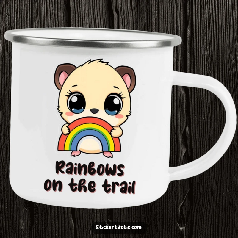 Funny camping mug featuring a small creature with wide eyes holding a rainbow sticker, perfect for enjoying beverages outdoors.