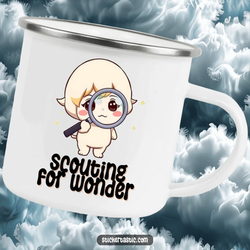 Funny curious character camping mug with a magnifying glass examining a sparkle, for outdoor investigation.