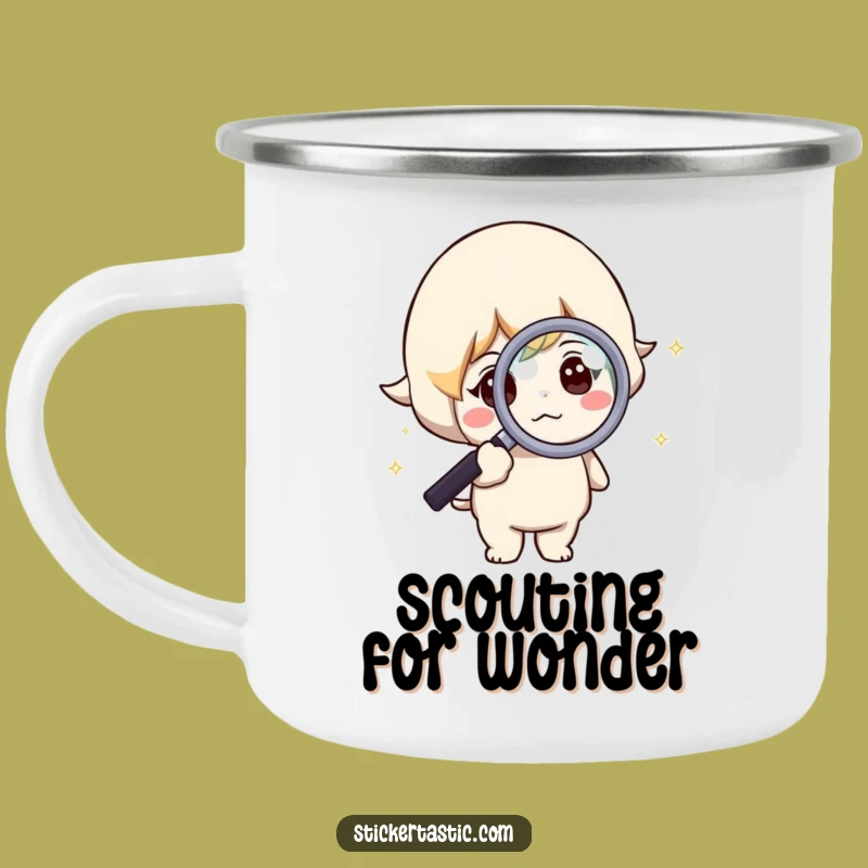 Funny Curious Character Camping Mug: Sparkle Explorer, Durable & Humorous Gift