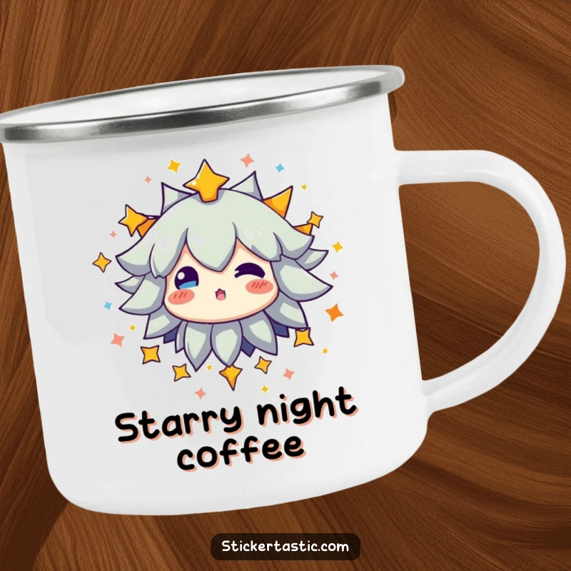 Funny camping mug showing a character bursting with a radiant explosion of colorful stars, perfect for starry nights.