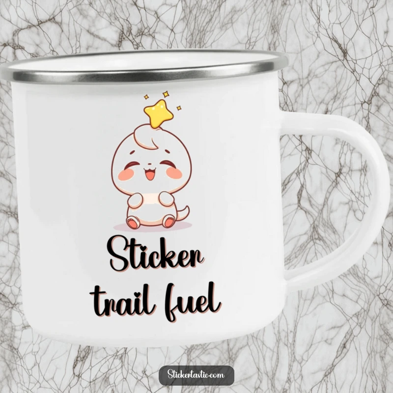 Funny sticker head camping mug showing a small character's gleeful reaction to a shiny sticker landing on its head, ideal for outdoor enthusiasts.