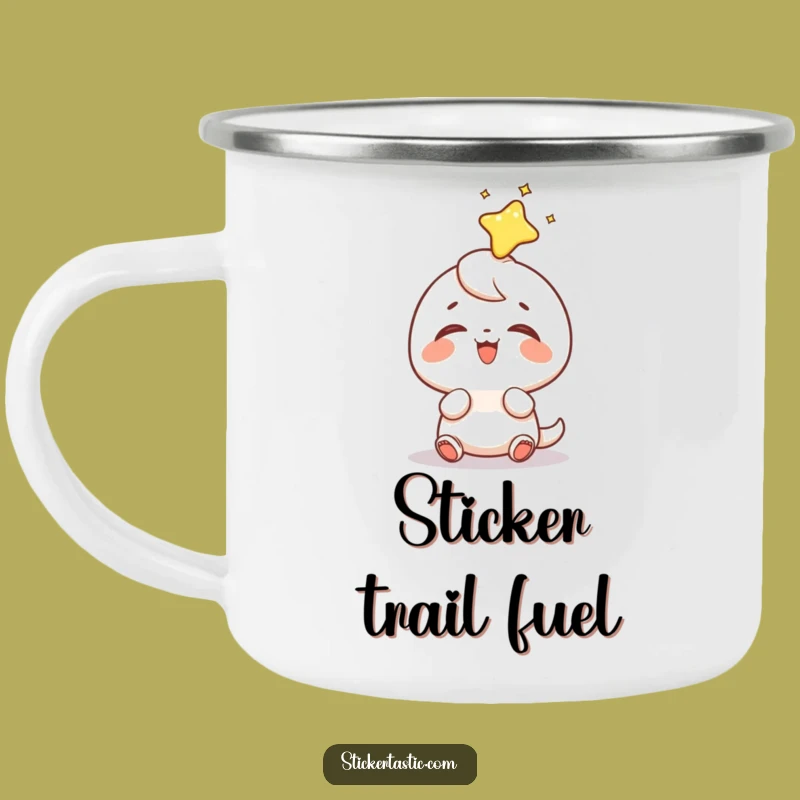 Funny Sticker Head Camping Mug: Durable & Humorous, Character Loves Sticker Landing, Perfect Funny Gift